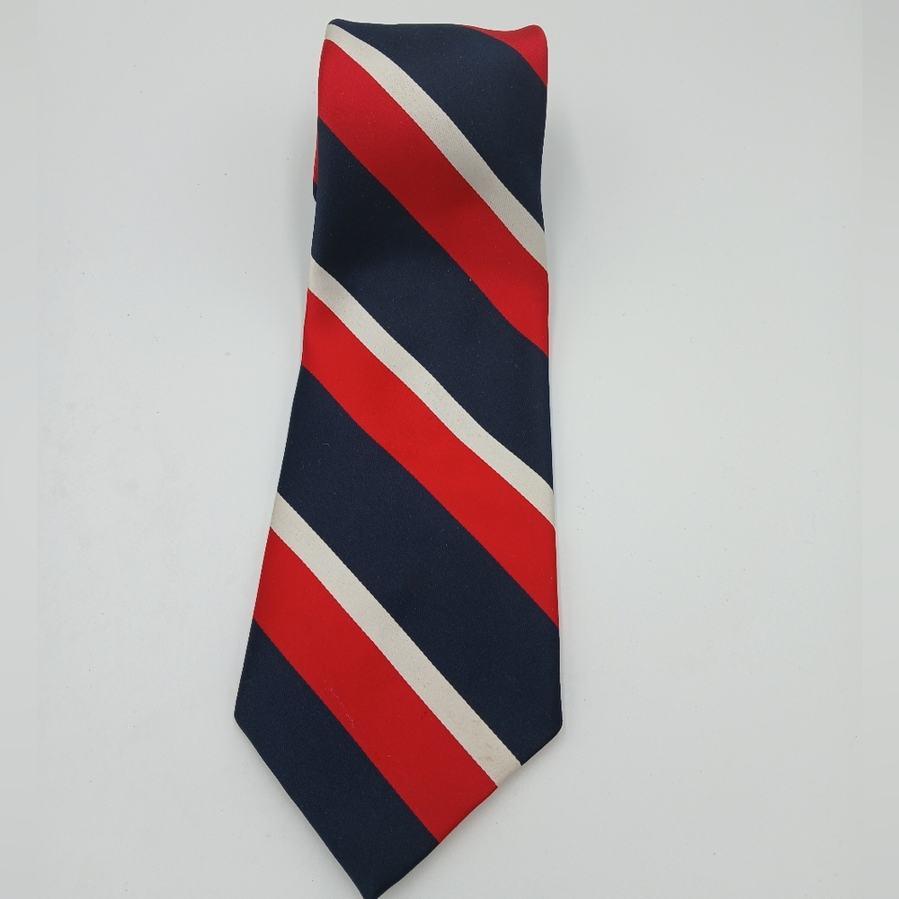 Hughes & Hatcher Navy, Red & White Striped Tie 100% Polyester